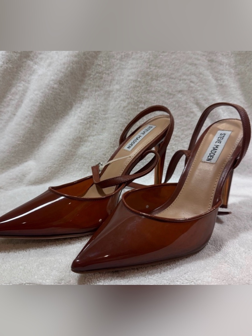 Steve Madden Alessi Brown Patent Pointed-Toe Slingback Pumps